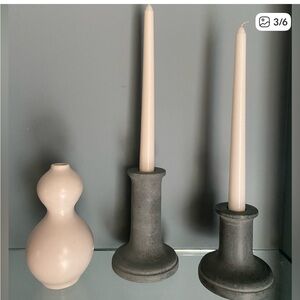 SET OF 2 THRESHOLD SOAPSTONE CANDLE STICK HOLDERS. Industrial looking. Gray.